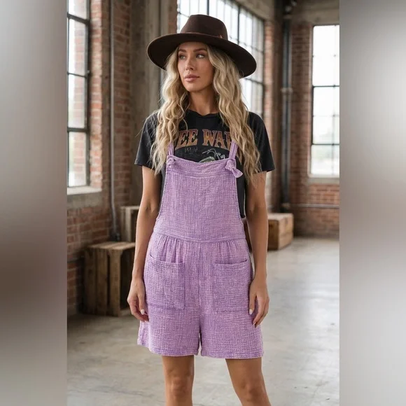 NWT Textured Gauze Washed Lavender Knot Strap Jumper Overalls Shortalls Romper - Picture 7 of 7